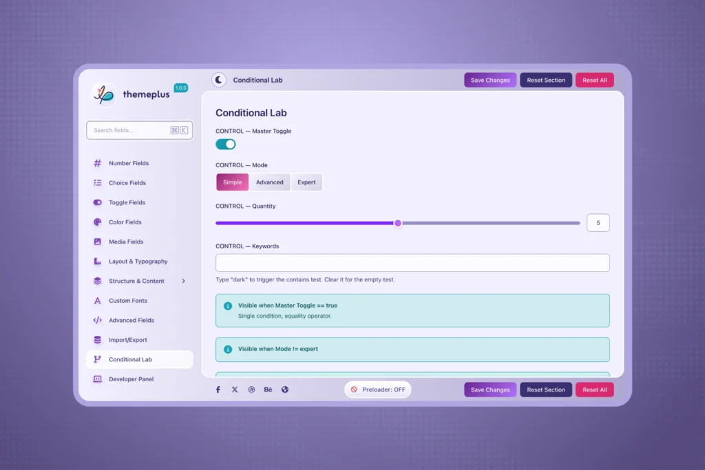 ThemePlus WordPress plugin admin panel interface